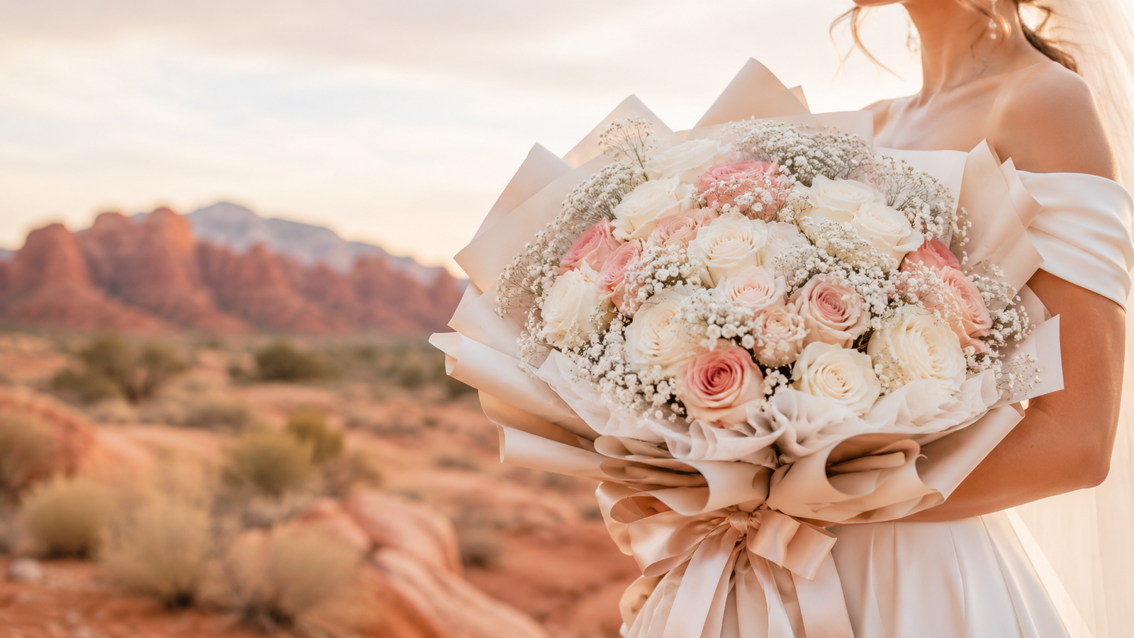 Bride holding a wedding ramo buchón of blush and ivory roses in Saint George, Utah